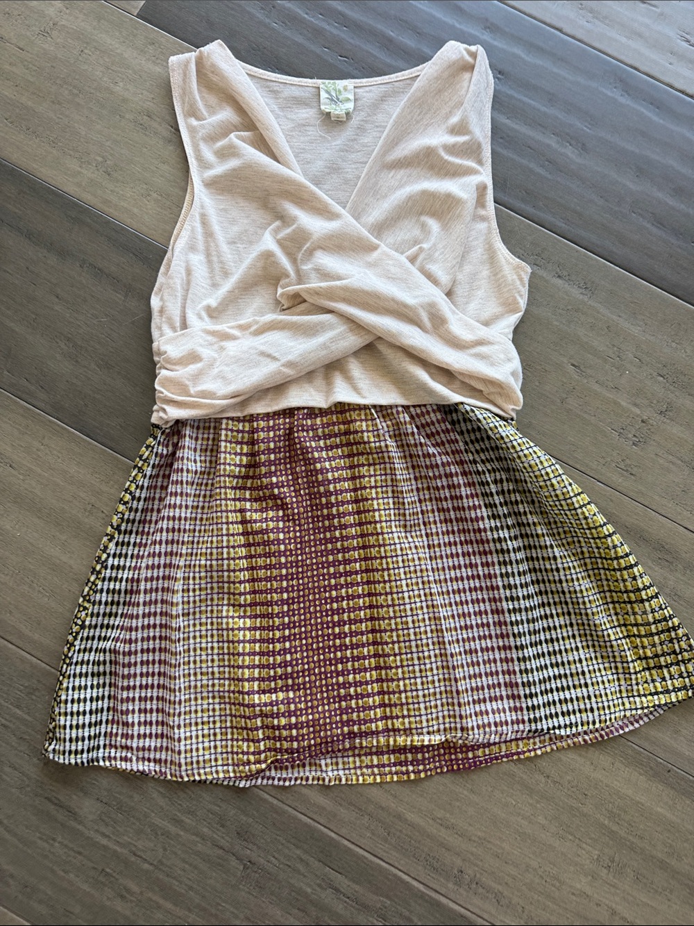 Beige Twist-Front Mixed-Pattern Top
